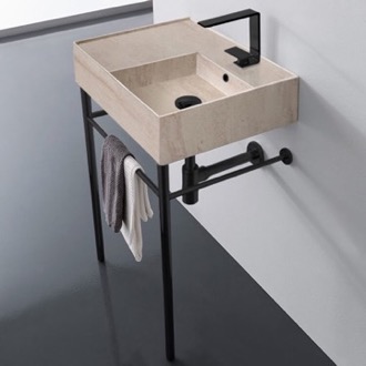 Console Bathroom Sink Beige Travertine Design Ceramic Console Sink and Matte Black Stand, 24